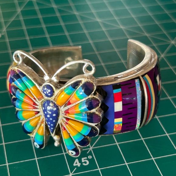 Multi Turquoise Inlay Butterfly Cuff Bracelet Southwest - Picture 4 of 12